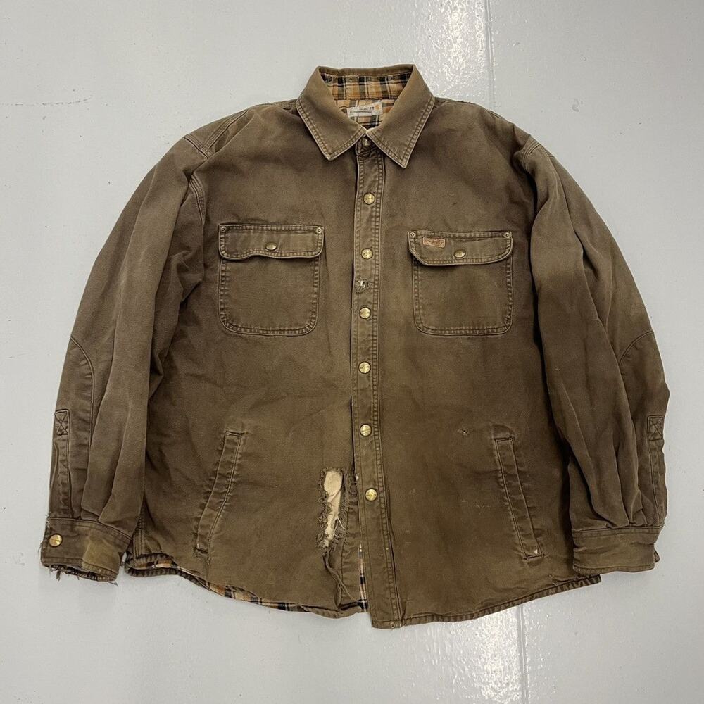 Vintage Y2k Carhartt Brown Denim Distressed Shirt Jacket